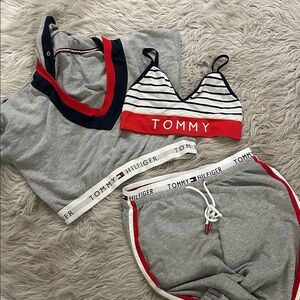 3 piece Tommy Hilfiger Gray Lounge Set, cropped top hoodie, bralette & joggers